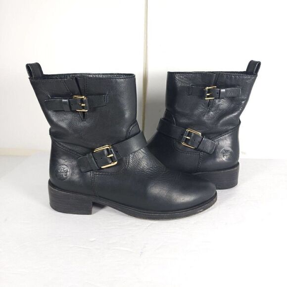 Tory Burch Women’s Bennie US 7M Black Leather Buckled Ankle Biker Riding Boots - Picture 6 of 13